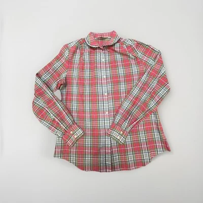 VTG Madras Plaid Button Up Shirt Ruffle Collar Long Sleeve 60s Womens Sz 14 - Image 1 of 4