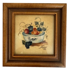 Sandy Honan Theorem Painting 1980s Stencil Folk Art Grapes Bowl Framed 4-1/2 Sq - Picture 1 of 3