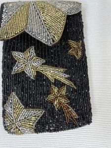 Vintage Clutch Purse Black Gold Silver Beaded Star Design Evening Neiman Marcus - Picture 1 of 17