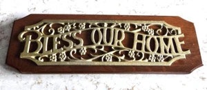 Brass / Wood "Bless Our Home" Wall Hanging Sign - Picture 1 of 8
