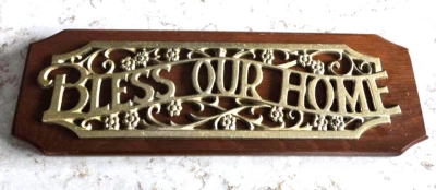 Brass / Wood "Bless Our Home" Wall Hanging Sign - Image 1 of 4