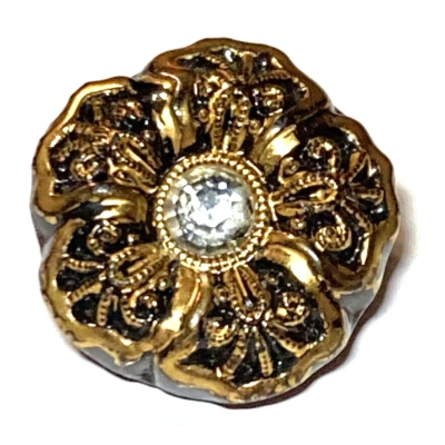 Botón de vidrio negro vintage auto vástago lámina de oro flor centro de vidrio facetado 5/8" Foto 1 de 4