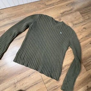 Abercrombie & Fitch Y2k Sweater Mens Large Green Muscle Fit V Neck Tight Cotton - Picture 1 of 9