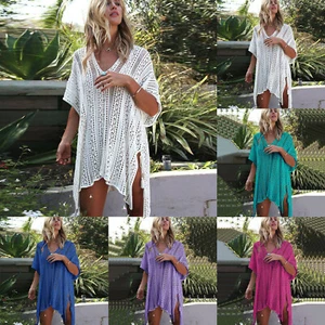 Women Sexy Beach Cover Up Dress V Neck Solid Mesh Hollow Swimwear Crochet Smocks - Picture 1 of 22