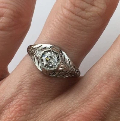 Уникальное антикварное филигранное кольцо с бриллиантом 0,42 карата 18 карат новое из старых запасов хранилище ювелиров - Изображение 1 из 4
