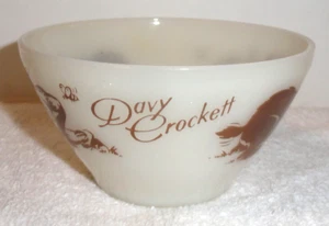 DAVY CROCKETT CHILDRENS CEREAL BOWL Fire King Oven Ware Milk Glass Brown Graphic - Picture 1 of 4
