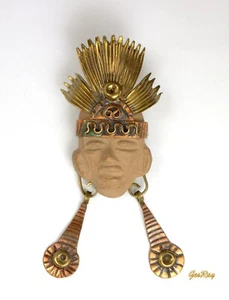Broche colgante cara guerrero azteca mexicano vintage joyería étnica tribal - Imagen 1 de 10