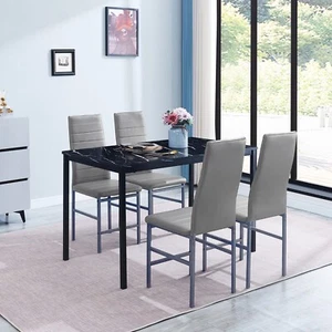 Set of Black Marble MDF Top Dining Table with 4x Grey Faux Leather Dining Chairs - Picture 1 of 11