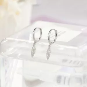 925 Sterling Silver plated Feather Drop Dangle Hoop Earrings Classic Gift - Picture 1 of 4