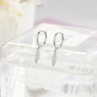 925 Sterling Silver plated Feather Drop Dangle Hoop Earrings Classic Gift - Image 1 of 4