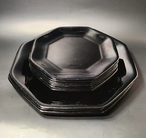 MCM Arcoroc France Octime Black Glass Octagon Salad & Dinner Plates Set Of 12 - Picture 1 of 14