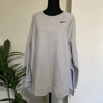 Moletom Nike Feminino XL Cinza Relaxado Raglan Crew Alto Baixo Fendas Bolso Swoosh - Imagem 1 de 4