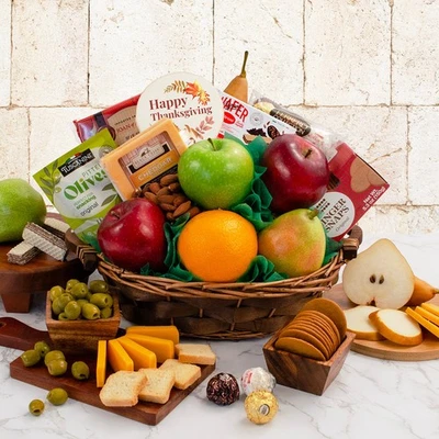 A Gifting Place Feliz Acción de Gracias Fruta Fresca y Deliciosas Golosinas Cesta de Regalo Foto 1 de 4