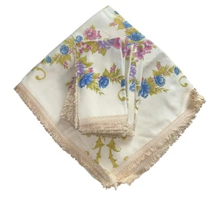 Stunning Vintage Tablecloth & 6 Napkin Set 58” x 58” Heavy Fabric Floral Fringe - Picture 1 of 9