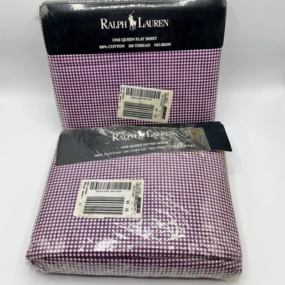Ralph Lauren Queen Sheet Set Small Gingham Check Purple Fitted Flat - Image 1 of 4