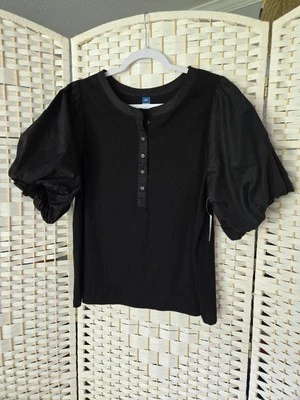 ¡NUEVO! Mujer Old Azul Marino Mangas Abullonadas Henley Negro Talla XXL 5 Botones Elastizados Foto 1 de 4
