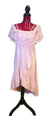 Dress Romantic Shoulder Off Midi Size Boho Pink Ruffle NO BOUNDARIES Crochet JrL - Image 1 of 4