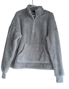 Sanctuary Fuzzy Fleece 1/4 Zip Pullover Womens M Light Gray Kangaroo Pocket - Picture 1 of 6
