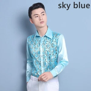 Men Sequin Top Shirt Faux Silk Satin Button Singer Glitter Party Costume Fashion - Picture 1 of 20
