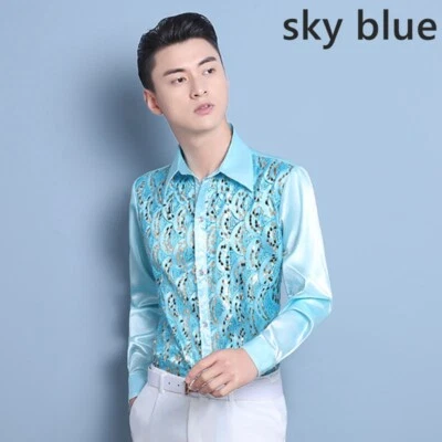 Men Party Sequin Top Fit Shirt Faux Silk Satin Button Singer Performance Costume - Image 1 of 4