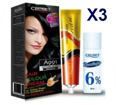 X3 Cruset Dye Black Hair Color Cream Temporary Permanent Kit Natural Black A991 - Image 1 of 4
