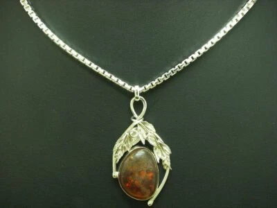 925 Argento Sterling Collana Pendente Con Ambra / Floral / Vero Argento 80,5 CM - Immagine 1 di 4