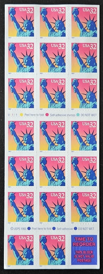 1997 US Scott # 3122a - 32c Statue of Liberty - Booklet Pane of 20 Stamps - MNH - Image 1 of 1