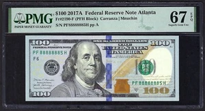 🇺🇸 2017A $100 ATLANTA NEAR SOLID S/N ♚♚88888885♚♚ PMG SUPERB GEM UNC 67 EPQ - Picture 1 of 2