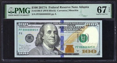 🇺🇸 2017A  $100 ATLANTA NEAR SOLID  S/N ♚♚88888885♚♚ PMG SUPERB GEM UNC 67 EPQ - Image 1 of 2