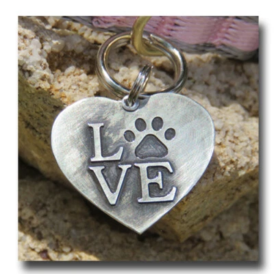 Paw Heart "LOVE" Pet ID Dog Name Tag Free Engraving Brass Copper Nickel Silver - Image 1 of 2