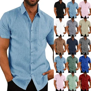 Mens Cotton Linen Shirts Summer Short Sleeve Casual Loose Buttons T Shirt Tops - Picture 1 of 35