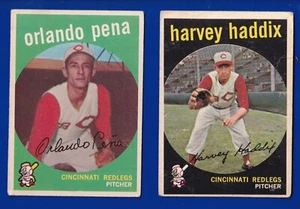 2 REDS LOT 1959 TOPPS #184 HARVEY HADDIX #271 ORLANDO PENA ROOKIE GD & GD/VG - Picture 1 of 2