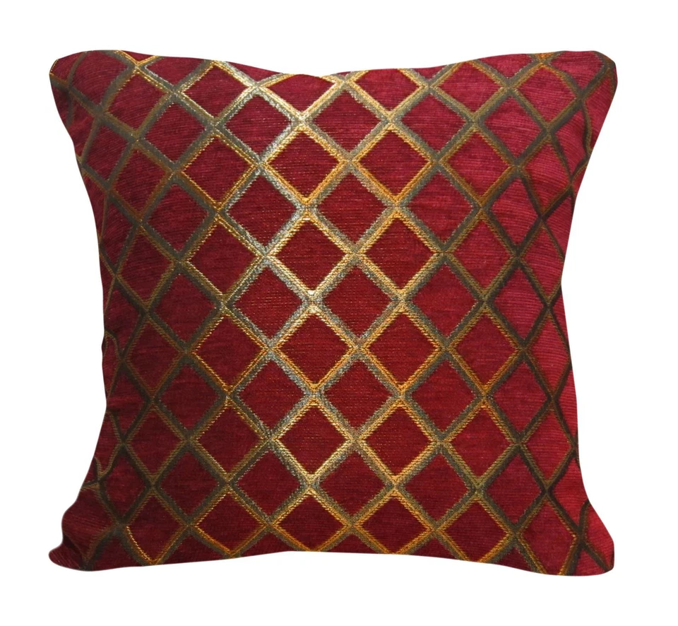 Wd33Ba Gold on Red Damask Chenille Check Throw Cushion Cover/Pillow Case *Size - Image 1 of 4