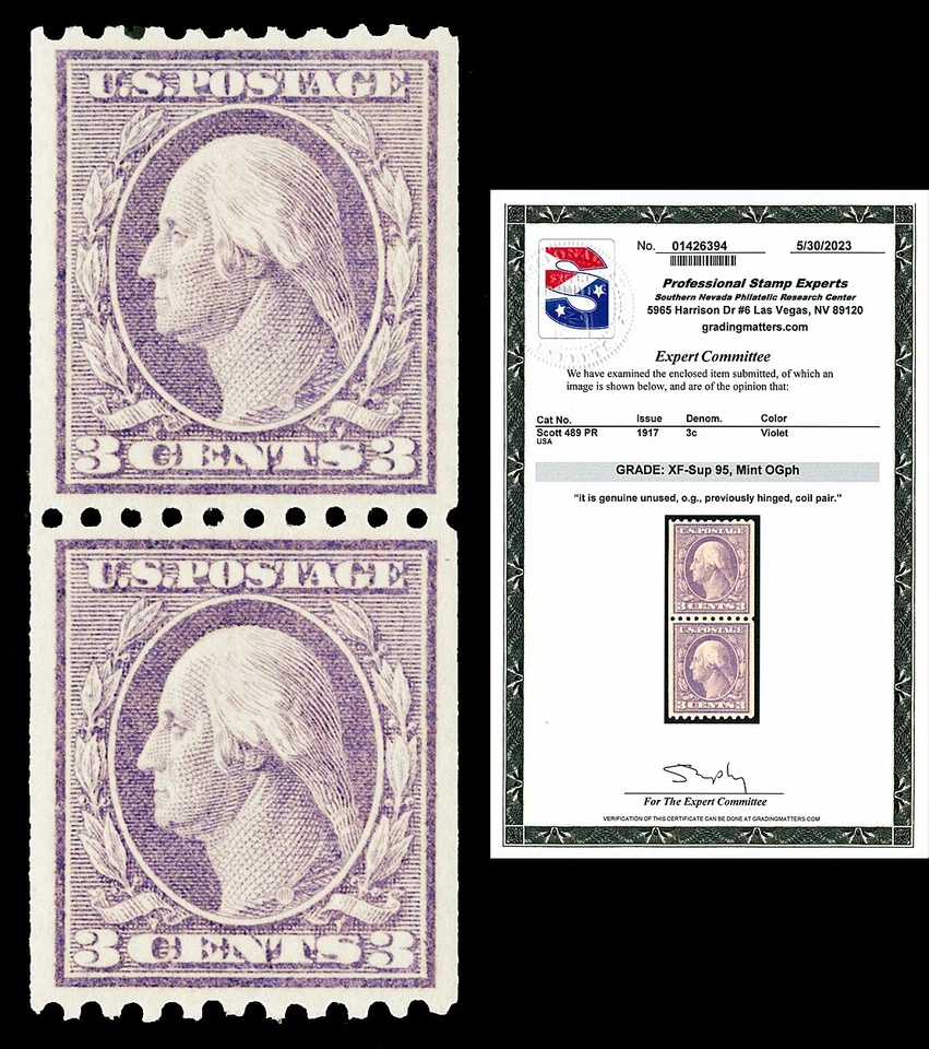 Scott 489 1917 3c Washington Coil Pair Mint Graded XF-Sup 95 LH with PSE CERT! - Image 1 of 1