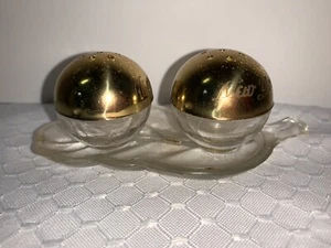 Vintage Salt & Pepper Shakers Glass Ball Shape on Glass Leaf Tray, 1958 - Picture 1 of 5