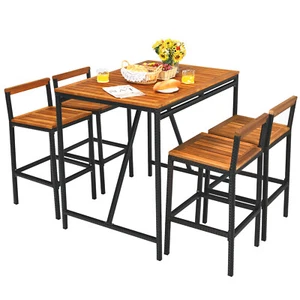 Costway 5PCS Patio Rattan Bar Table Stool Set Acacia Wood Top W/Umbrella Hole - Picture 1 of 9