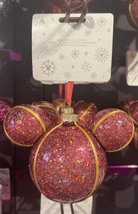 Disney Parks 2025 Mickey Mouse Symbol Ohren rosa Glitzer Glaskugel Ornament NEU - Bild 1 von 1