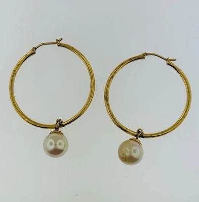 Vintage 925 Sterling Silver Gold Tone Hoop Dangle Pearl Earrings - 10.48g - Image 1 of 4
