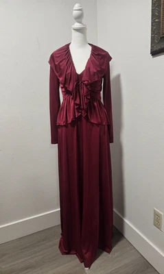 70s MOD MAROON JERSEY KNIT STRAPPY EMPIRE MAXI DRESS & MATCHING JACKET SZ S - Image 1 of 4