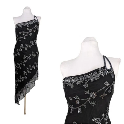 Maxi Vestido De Colección Cache Baile de graduación Negro 12 Y2K Hada Gótico Seda Plata Cuentas Florales Foto 1 de 4