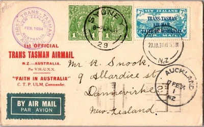 1934 年悉尼新南威尔士州澳大利亚 FFC 首次飞往新西兰奥克兰的航班罩 — 第 1/2 张图片