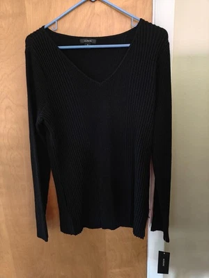 ALFANI Women's Deep Black Ribbed Glitter Long Sleeve VNeck Sweater Size Medium - Image 1 of 4