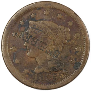 1855 Capelli intrecciati grande centesimo, controtimbro "S.G. SEEBER", brunito S-260 - Foto 1 di 6