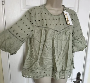 NWT Only Womens Green UK 10 Eu 38 Irina Cotton SS Broderie Anglaise Top Blouse - Picture 1 of 13