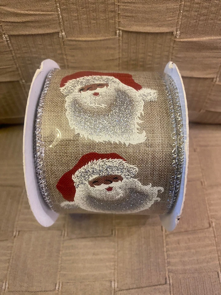 African American Black Santa Glitter Holiday Christmas Wired Ribbon - NIP - Image 1 of 1