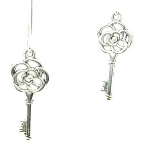 New  Petite Flower-top Skeleton KEY Silver-tone Drop Dangle Earrings 1-7/8" Long - Imagen 1 de 3