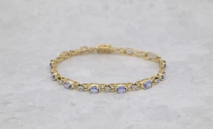 Vintage 14k Yellow & White Gold Tanzanite & Diamond Tennis Bracelet, 7" - 8.8g - Picture 1 of 6