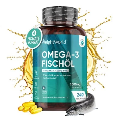 WEIGHTWORLD Omega 3 Fischöl - 240 Kapseln - 2000mg Hochdosiert - Herzgesundheit - Blutdruck