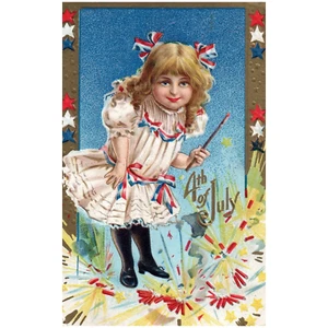 Cartolina patriottica 4 luglio bambina che tiene scintillio con petardi - Foto 1 di 2