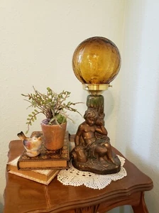 1925 Chalkware Figural Lamp Base with Vintage Amber Crackle Glass Globe Shade - Picture 1 of 11